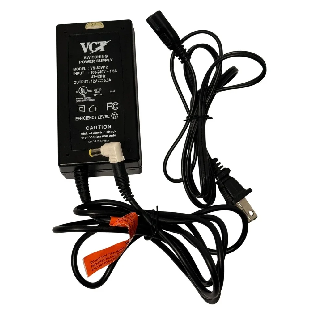 VCT VM-80W12 Switching Power Supply AC Adapter 12V 5.3A Yellow Tip Right Angle